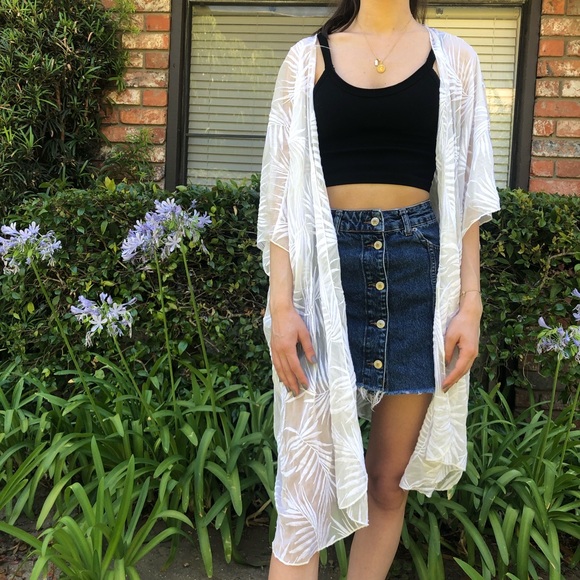 GORGEOUS A.Muse White Sheer Palm Leaf Embroidered Cardigan Kimono Cover-Up - Picture 2 of 4